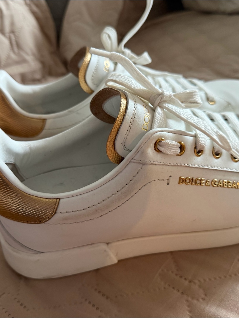 Dolce & Gabbana White Leather Sneakers with Gold Details